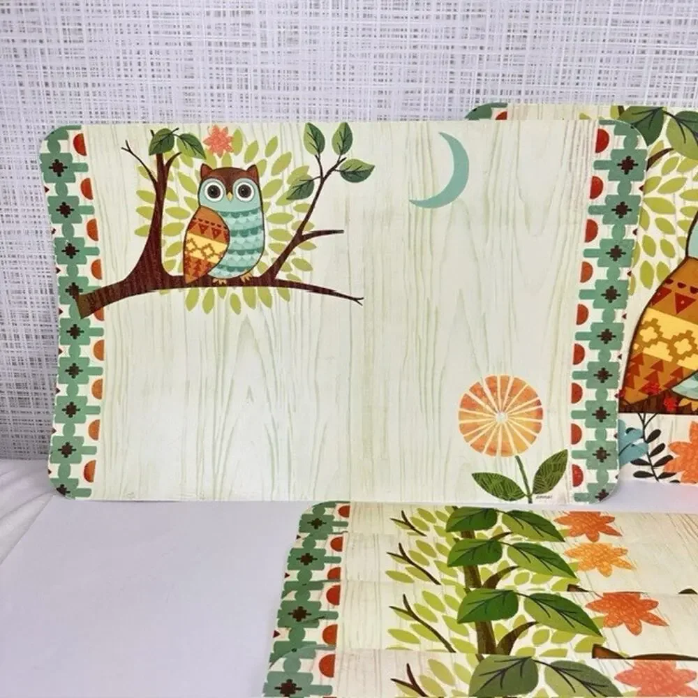 J Brinley Artist, Woodland Owl 6 Placemats Vinyl, 2 sides MCM Table Setting Bird